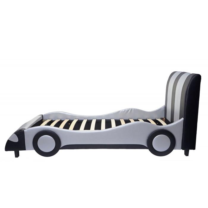 Bett HWC-E14, Auto Junge Kinderbett Jugendbett, Lattenrost Kunstleder Holz 190x100cm ~ schwarz-silber