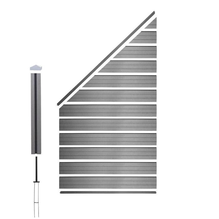 WPC-Sichtschutz Sarthe, Windschutz Zaun, WPC-Pfosten ~ Erweiterungselement schrg links, 0,98m grau