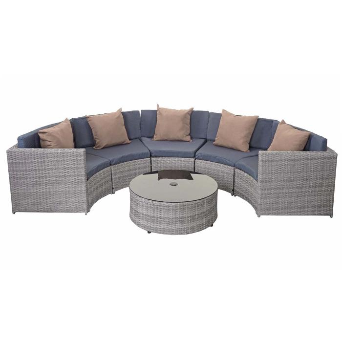 Poly-Rattan Garnitur rund HWC-E17, Garten-Set Sitzgruppe ~ grau, Polster dunkelgrau, Kissen beige