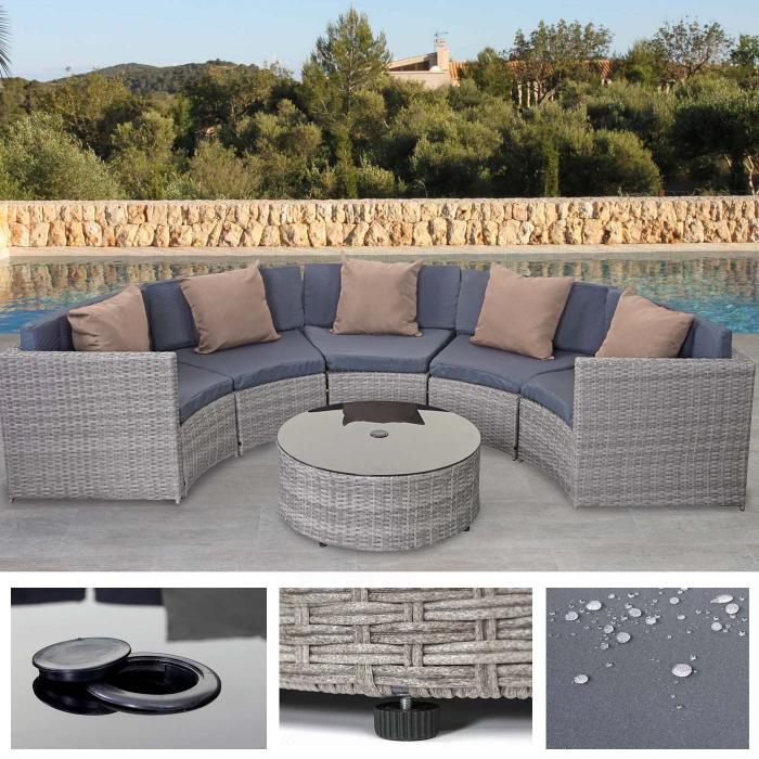 Poly-Rattan Garnitur rund HWC-E17, Garten-Set Sitzgruppe ~ grau, Polster dunkelgrau, Kissen beige