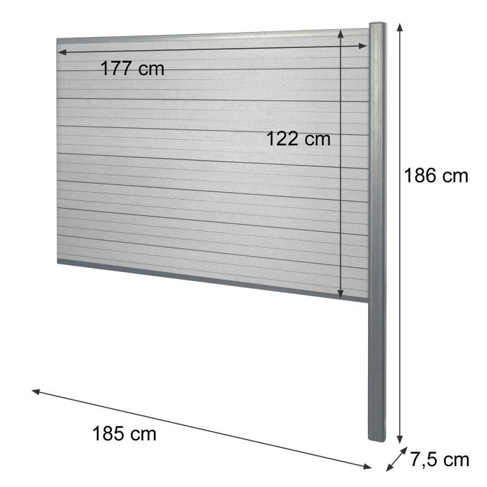 WPC-Sichtschutz Sarthe, Zaun Windschutz, Alu-Pfosten zum Einbetonieren ~ Erweiterungselement, 185cm grau