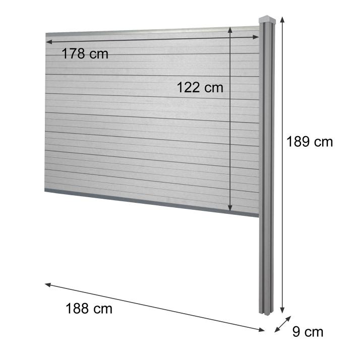 WPC-Sichtschutz Sarthe, Zaun Windschutz, WPC-Pfosten zum Einbetonieren ~ Erweiterungselement, 188cm grau