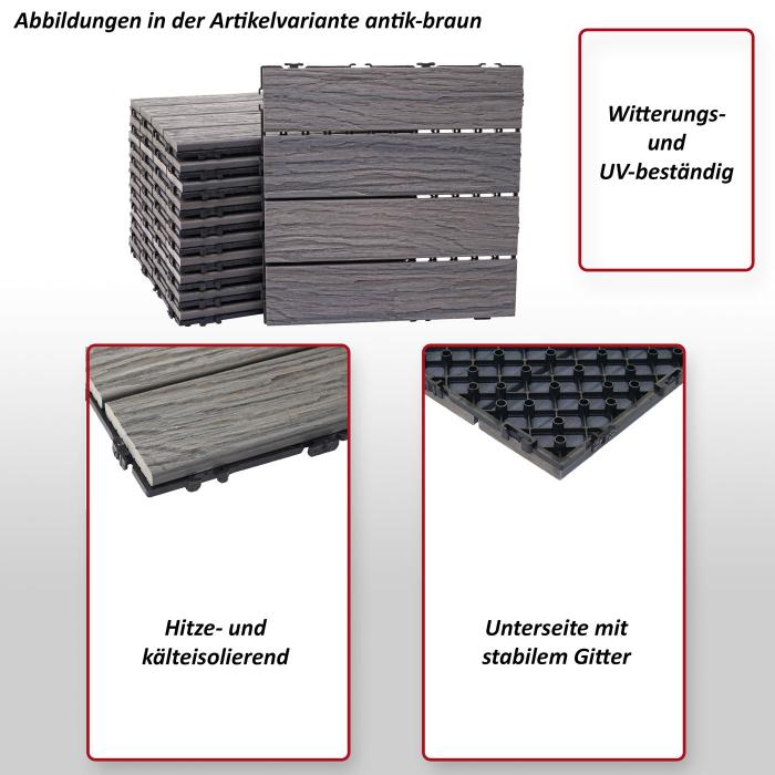 WPC Bodenfliese HWC-E19, Holzoptik Balkon/Terrasse, 3D-Struktur linear ~ antik-braun, 11x je 30x30cm = 1qm