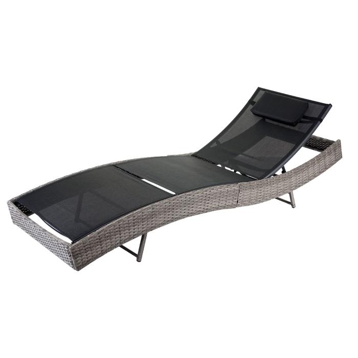Sonnenliege Savannah, Relaxliege Gartenliege Liege, Poly-Rattan ~ grau, Bezug schwarz