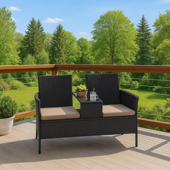 Poly-Rattan Sitzbank mit Tisch HWC-E24, Gartenbank Sitzgruppe Gartensofa, 132cm ~ schwarz, Kissen creme