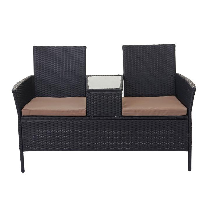 Poly-Rattan Sitzbank mit Tisch HWC-E24, Gartenbank Sitzgruppe Gartensofa, 132cm ~ schwarz, Kissen creme