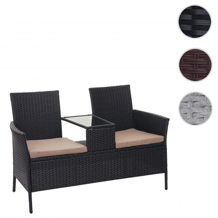 Poly-Rattan Sitzbank mit Tisch HWC-E24, Gartenbank Sitzgruppe Gartensofa, 132cm ~ schwarz, Kissen creme