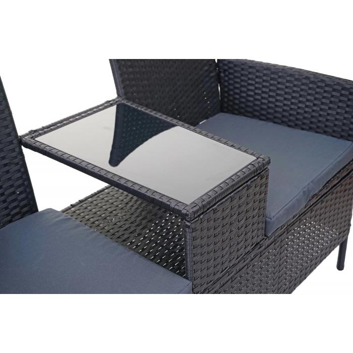 Poly-Rattan Sitzbank mit Tisch HWC-E24, Gartenbank Sitzgruppe Gartensofa, 132cm ~ schwarz, Kissen dunkelgrau