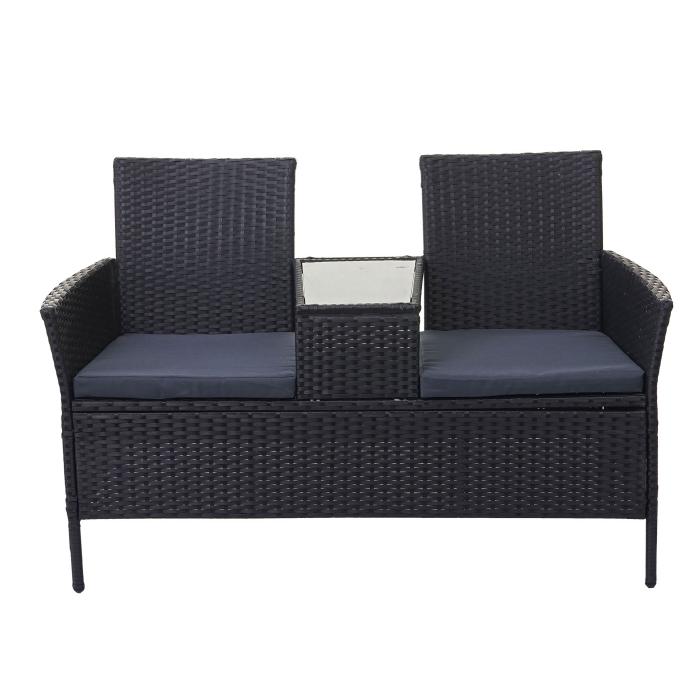 Poly-Rattan Sitzbank mit Tisch HWC-E24, Gartenbank Sitzgruppe Gartensofa, 132cm ~ schwarz, Kissen dunkelgrau