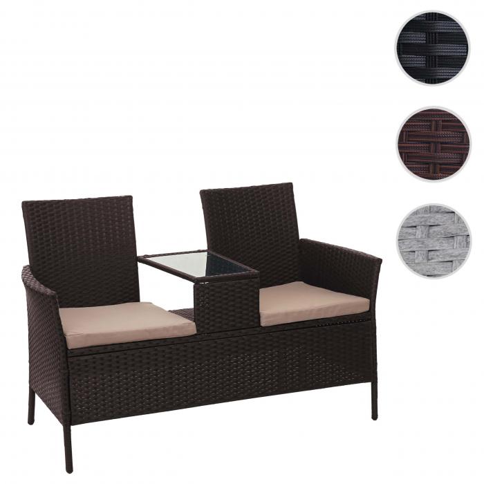 Poly-Rattan Sitzbank mit Tisch HWC-E24, Gartenbank Sitzgruppe Gartensofa, 132cm ~ braun, Kissen creme