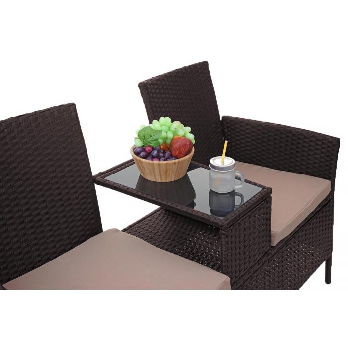 Poly-Rattan Sitzbank mit Tisch HWC-E24, Gartenbank Sitzgruppe Gartensofa, 132cm ~ braun, Kissen creme
