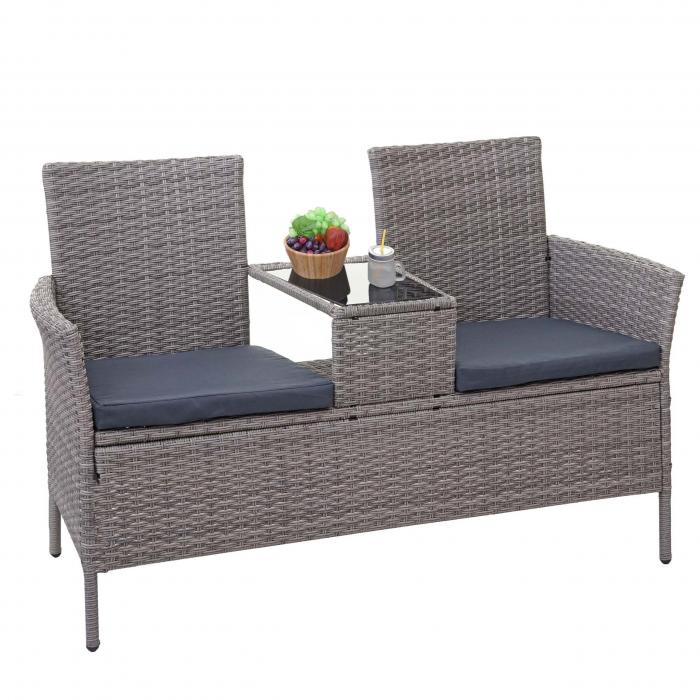 Poly-Rattan Sitzbank mit Tisch HWC-E24, Gartenbank Sitzgruppe Gartensofa, 132cm ~ grau, Kissen dunkelgrau