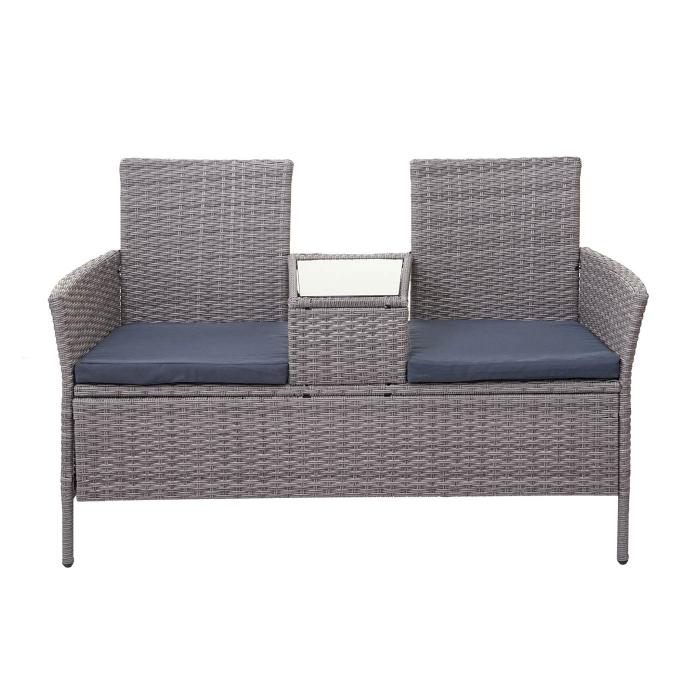 Poly-Rattan Sitzbank mit Tisch HWC-E24, Gartenbank Sitzgruppe Gartensofa, 132cm ~ grau, Kissen dunkelgrau