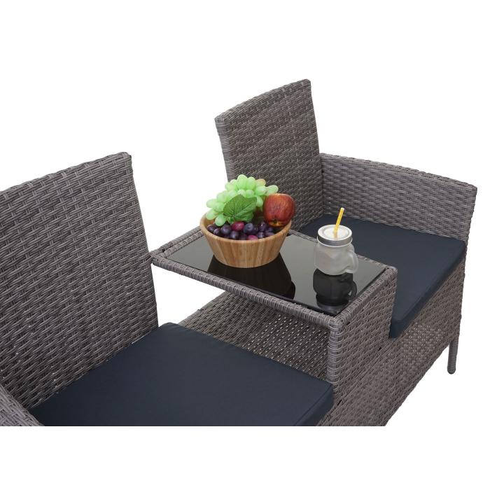 Poly-Rattan Sitzbank mit Tisch HWC-E24, Gartenbank Sitzgruppe Gartensofa, 132cm ~ grau, Kissen dunkelgrau