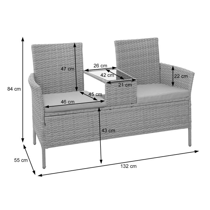 Poly-Rattan Sitzbank mit Tisch HWC-E24, Gartenbank Sitzgruppe Gartensofa, 132cm ~ schwarz, Kissen terracotta