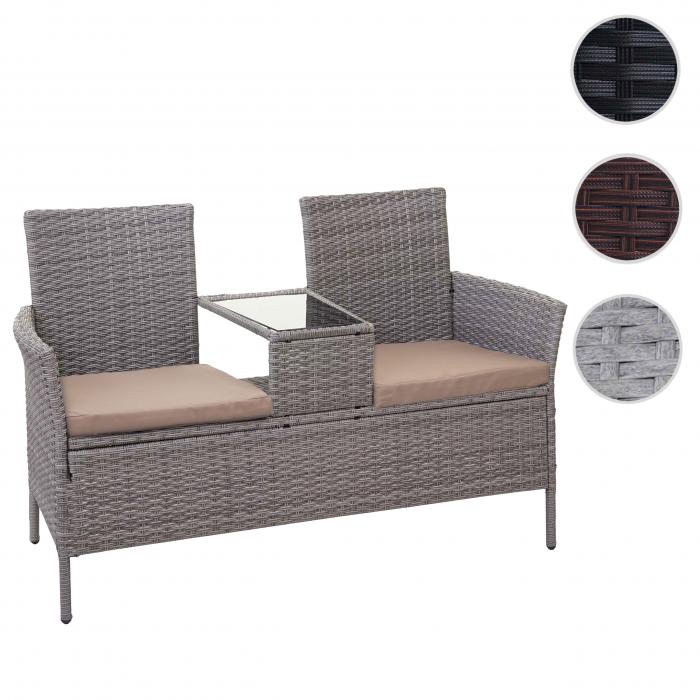 Poly-Rattan Sitzbank mit Tisch HWC-E24, Gartenbank Sitzgruppe Gartensofa, 132cm ~ grau, Kissen creme