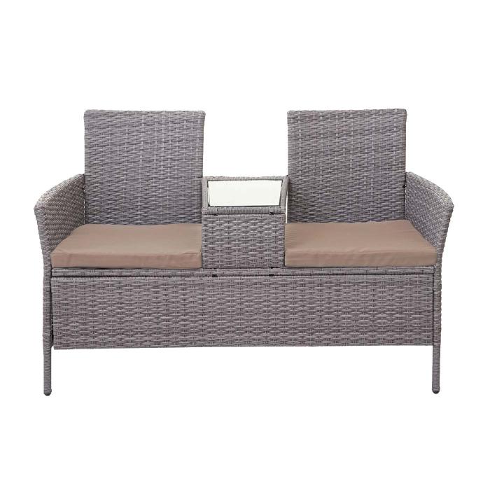 Poly-Rattan Sitzbank mit Tisch HWC-E24, Gartenbank Sitzgruppe Gartensofa, 132cm ~ grau, Kissen creme