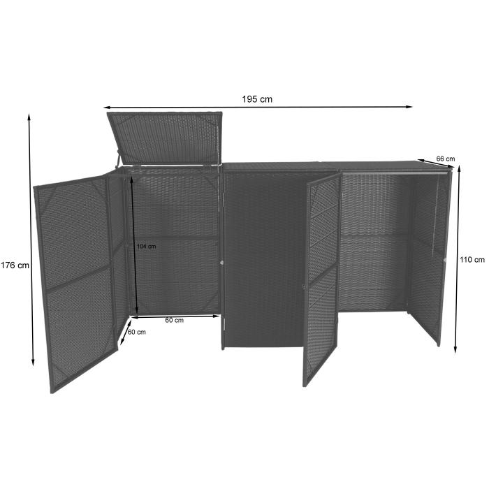 3er-Mlltonnenverkleidung HWC-E25, Mlltonnenbox Mlltonnenabdeckung, Poly-Rattan 3x120l ~ grau