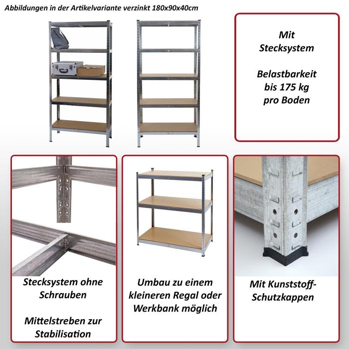 Schwerlastregal HWC-E33, Kellerregal Steckregal Lagerregal, 875kg Stahl 5 Bden ~ schwarz 180x90x40cm