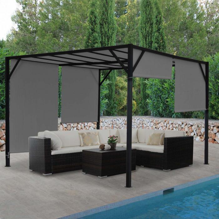 B-Ware (Fe verbogen, SK 3) | Pergola Baia, Terrassenberdachung, stabiles 6cm-Stahl-Gestell + Schiebedach grau ~ 4x4m