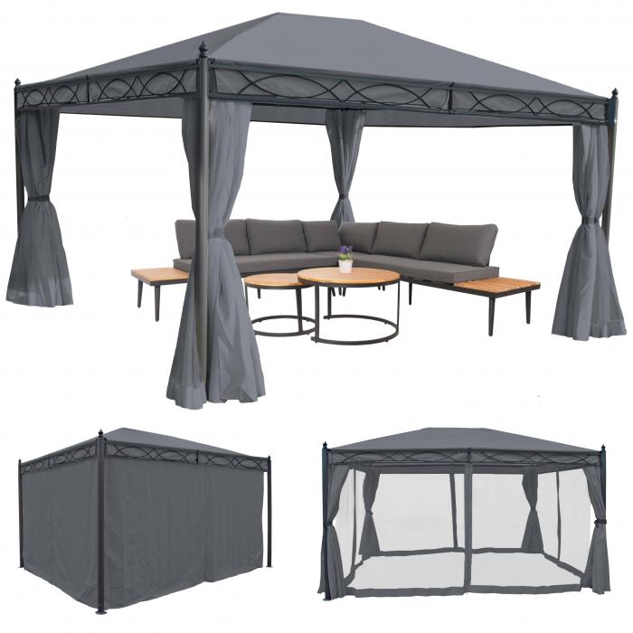 Pergola Cadiz, Garten Pavillon, stabiles 7cm-Gestell mit Seitenwand + Moskitonetz ~ grau 4x3m