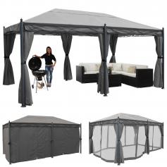 Pergola Cadiz, Pavillon, stabiles 7cm-Gestell 5x3m ~ grau mit Seitenwand + Moskitonetz