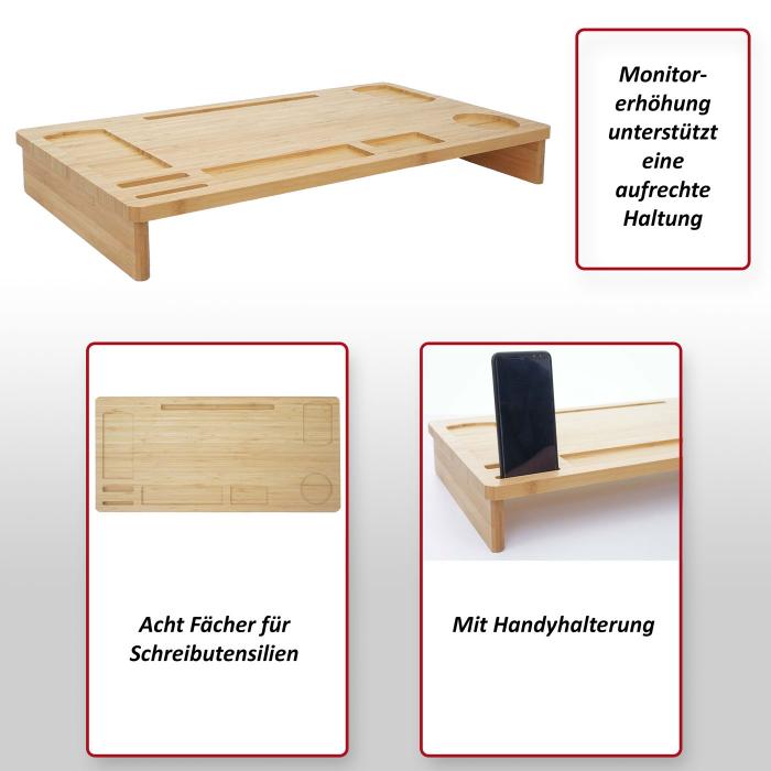 Monitorerhhung HWC-E85, Monitorstnder Tischorganizer Bildschirmerhhung, Bambus 9x65x31cm