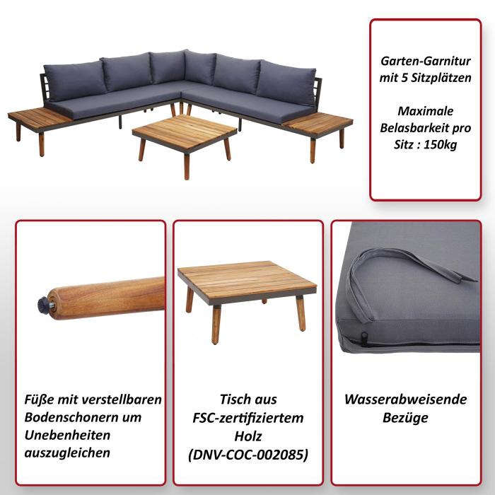 Garten-Garnitur HWC-E97, Garnitur Sitzgruppe Lounge-Set Sofa, Akazie Holz MVG-zertifiziert, grau