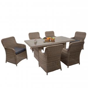 Poly-Rattan Garnitur HWC-E98, Sitzgruppe Balkon-/Garten-/Lounge-Set, Spun Poly halbrundes Rattan beige Kissen grau