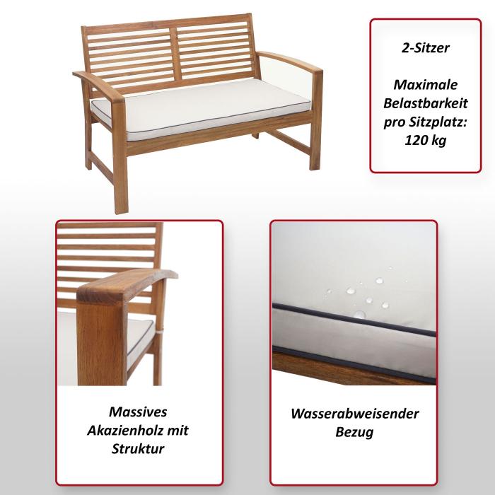 Gartenbank HWC-E99, Bank Sitzbank 2-Sitzer, Akazie Holz massiv MVG-zertifiziert 112cm, braun Polster creme