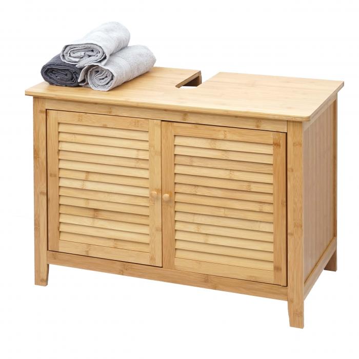 B-Ware (Gebrauchsspuren SK3) | Waschbeckenunterschrank HWC-B18, Badezimmer Badschrank, Bambus ~ 60x80x40cm