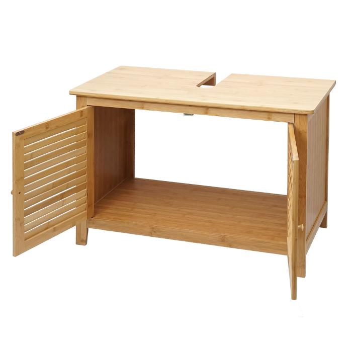 B-Ware (Gebrauchsspuren SK3) | Waschbeckenunterschrank HWC-B18, Badezimmer Badschrank, Bambus ~ 60x80x40cm