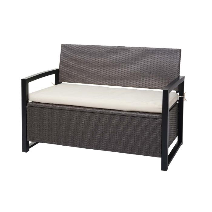 Poly-Rattan 2er Sitzbank HWC-F39, Gartenbank Truhenbank, Staufach Aufbewahrung Sitzkissen ~ grau-meliert, Kissen creme