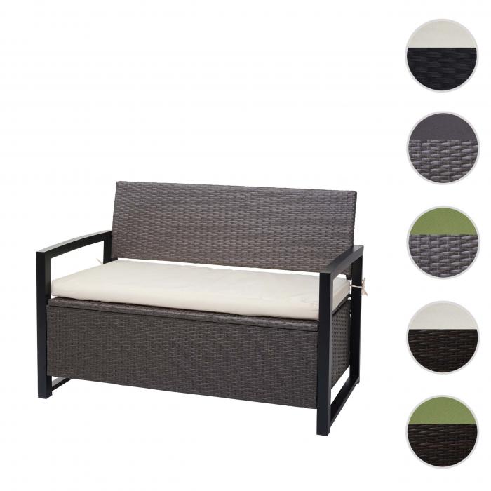 Poly-Rattan 2er Sitzbank HWC-F39, Gartenbank Truhenbank, Staufach Aufbewahrung Sitzkissen ~ grau-meliert, Kissen creme