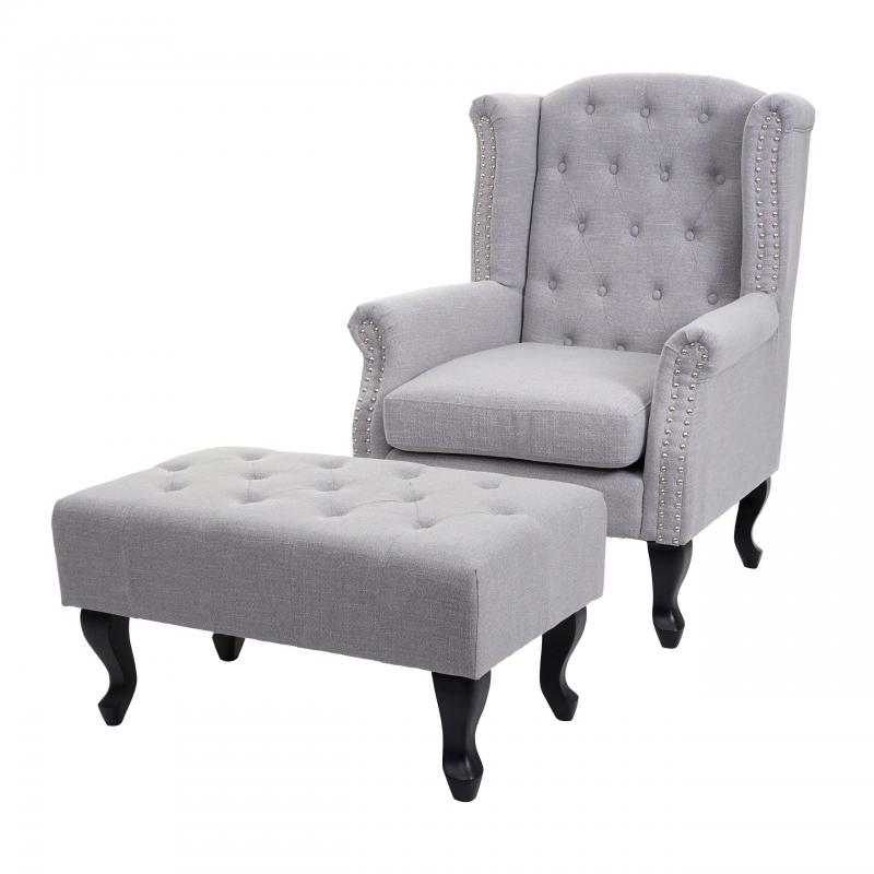 Sessel Chesterfield, Relaxsessel Clubsessel Ohrensessel, wasserabweisend Stoff/Textil ~ grau mit Ottomane