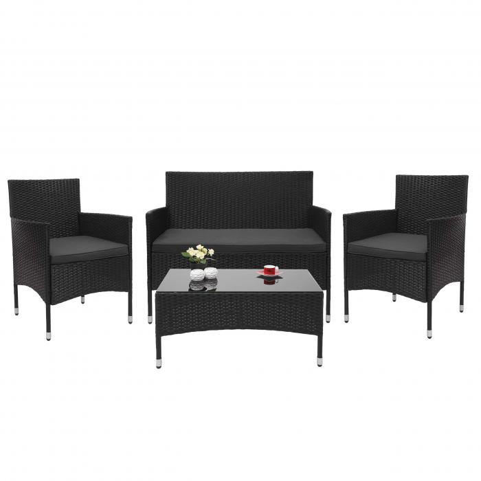 Poly-Rattan Garnitur HWC-F55, Balkon-/Garten-/Lounge-Set Sofa Sitzgruppe ~ schwarz, Kissen dunkelgrau