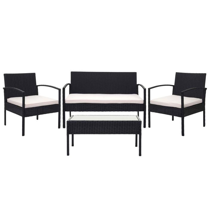 Poly-Rattan Garnitur HWC-F56, Balkon-/Garten-/Lounge-Set Sitzgruppe ~ schwarz, Kissen creme