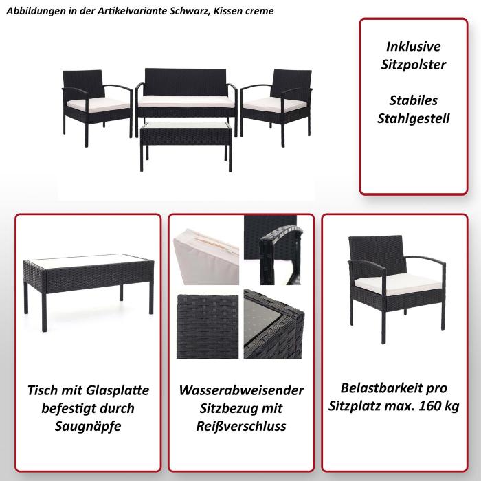 Poly-Rattan Garnitur HWC-F56, Balkon-/Garten-/Lounge-Set Sitzgruppe ~ schwarz, Kissen dunkelgrau
