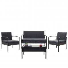 Poly-Rattan Garnitur HWC-F56, Balkon-/Garten-/Lounge-Set Sitzgruppe ~ schwarz, Kissen dunkelgrau