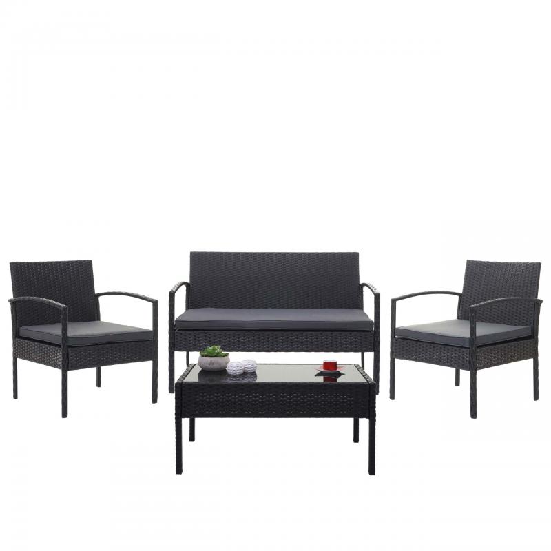 Poly-Rattan Garnitur HWC-F56, Balkon-/Garten-/Lounge-Set Sitzgruppe ~ schwarz, Kissen dunkelgrau