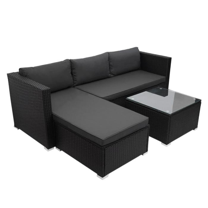 Poly-Rattan Garnitur HWC-F57, Balkon-/Garten-/Lounge-Set Sofa Sitzgruppe ~ schwarz, Kissen dunkelgrau ohne Deko-Kissen