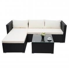 Poly-Rattan Garnitur HWC-F57, Balkon-/Garten-/Lounge-Set Sofa Sitzgruppe ~ schwarz, Kissen creme ohne Deko-Kissen