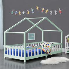 Kinderbett HLO-PX189 90x200 cm mit Lattenrost + Gitter Holz ~ Minze / Weiß