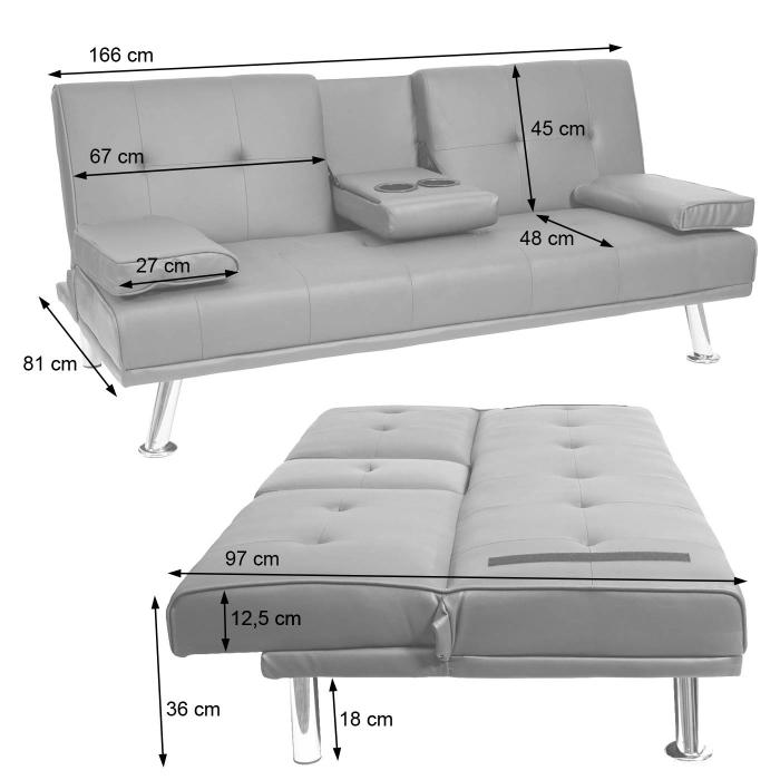 3er-Sofa HWC-F60, Couch Schlafsofa Gstebett, Tassenhalter verstellbar 97x166cm ~ Kunstleder, braun