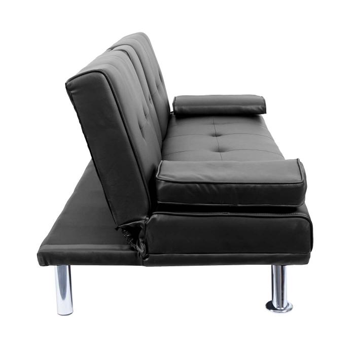 3er-Sofa HWC-F60, Couch Schlafsofa Gstebett, Tassenhalter verstellbar 97x166cm ~ Kunstleder, schwarz
