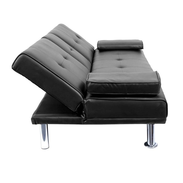 3er-Sofa HWC-F60, Couch Schlafsofa Gstebett, Tassenhalter verstellbar 97x166cm ~ Kunstleder, schwarz