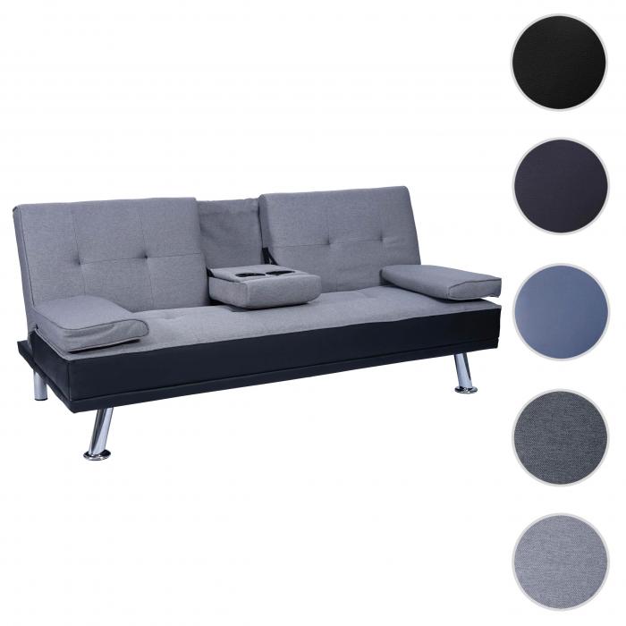 3er-Sofa HWC-F60, Couch Schlafsofa Gstebett, Tassenhalter verstellbar 97x166cm ~ Kunstleder/Textil, schwarz/hellgrau