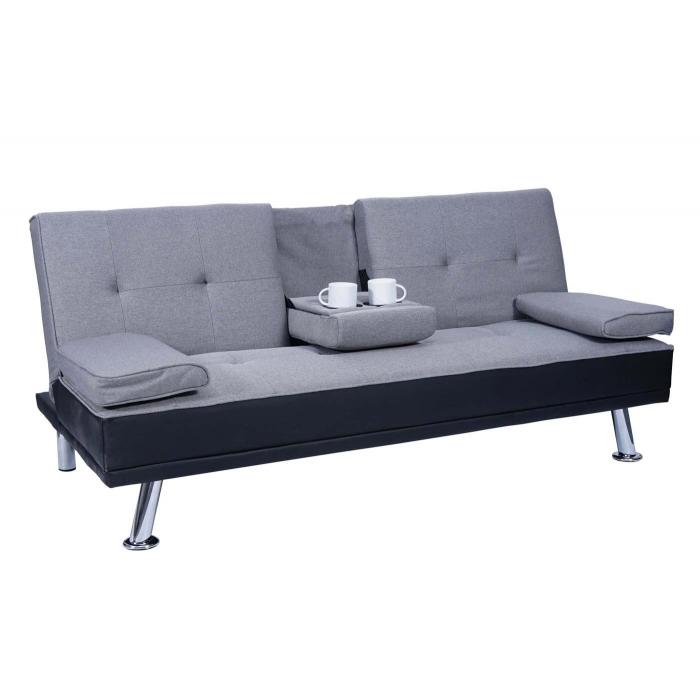 3er-Sofa HWC-F60, Couch Schlafsofa Gstebett, Tassenhalter verstellbar 97x166cm ~ Kunstleder/Textil, schwarz/hellgrau