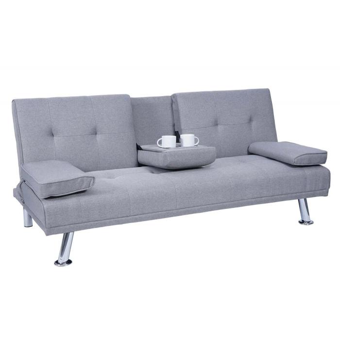 3er-Sofa HWC-F60, Couch Schlafsofa Gstebett, Tassenhalter verstellbar 97x166cm ~ Textil, hellgrau
