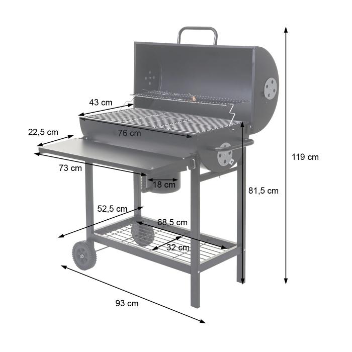 Grillwagen HWC-F70, Holzkohlegrill Standgrill Gartengrill mit Deckel Ablage, Stahl 103x93x70cm schwarz